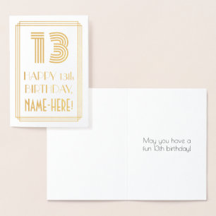 13th Birthday - Art Deco Inspired Look "13" & Name Foil Card