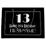 [ Thumbnail: 13th Birthday: Art Deco Inspired Style "13", Name Gift Bag ]