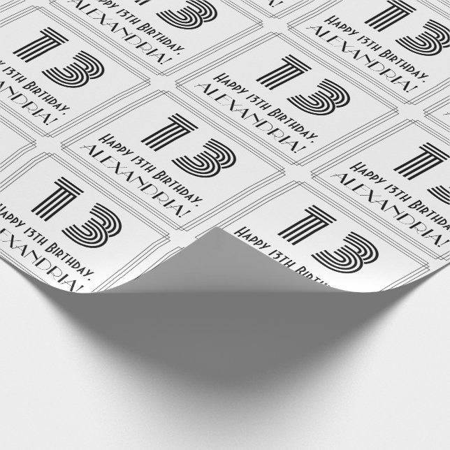 13th Birthday: Art Deco Inspired Style "13" + Name Wrapping Paper (Corner)