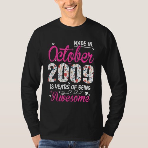 13th Birthday Awesome Since October 2009 Floral T_Shirt