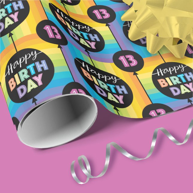 13th Birthday Balloons Rainbow Stripe Checks Wrapping Paper (Creator Uploaded)