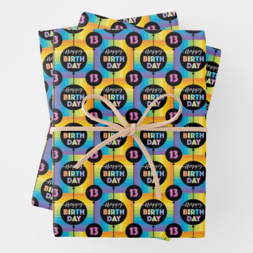 13th Birthday Balloons Rainbow Stripes Wrapping Paper Sheets