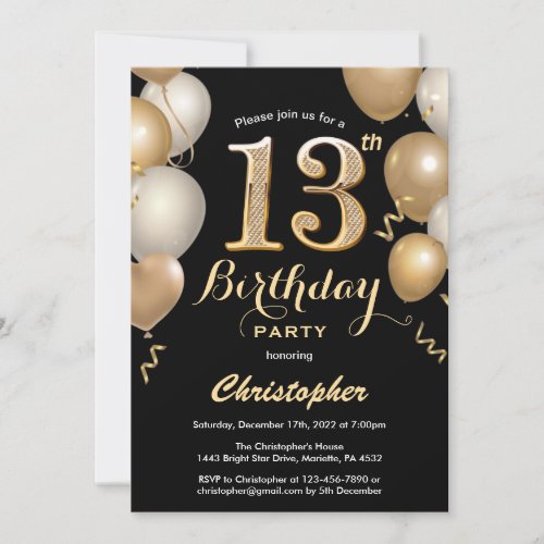 13th Birthday Black and Gold Balloons Confetti Invitation