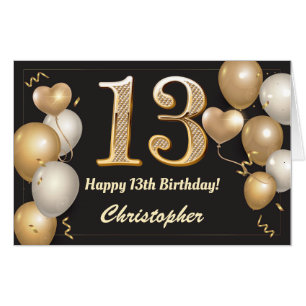 13th Birthday Black and Gold Balloons Extra Large Card