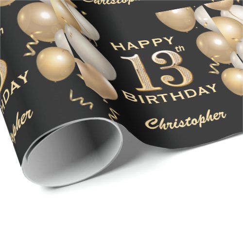 13th Birthday Black and Gold Glitter Balloons Wrapping Paper