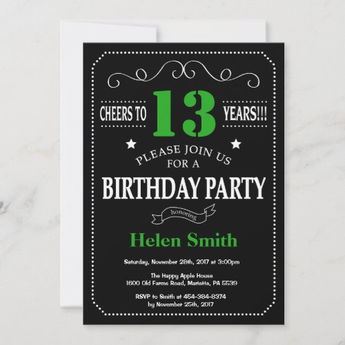 13th Birthday Black and Green Chalkboard Invitation