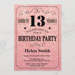 13th Birthday Black and Pink Rose Gold Glitter Invitation