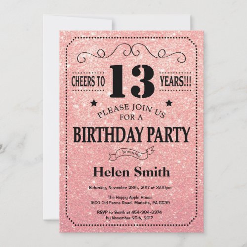 13th Birthday Black and Pink Rose Gold Glitter Invitation
