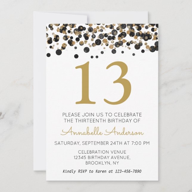 13th Birthday Black Gold Glitter Sparkle Confetti Invitation (Front)