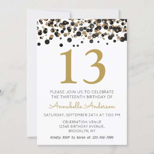 13th Birthday Black Gold Glitter Sparkle Confetti Invitation