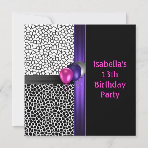 13th Birthday Black White Pink Purple Invitation
