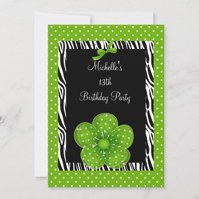 13th Birthday Black White Zebra Green Spot Flower Invitation (Front)