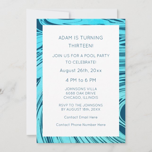 13th Birthday Blue Abstract Artsy Elegant Custom Invitation (Front)