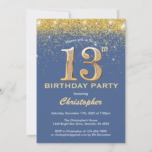 13th Birthday Blue and Gold Glitter Confetti Invitation