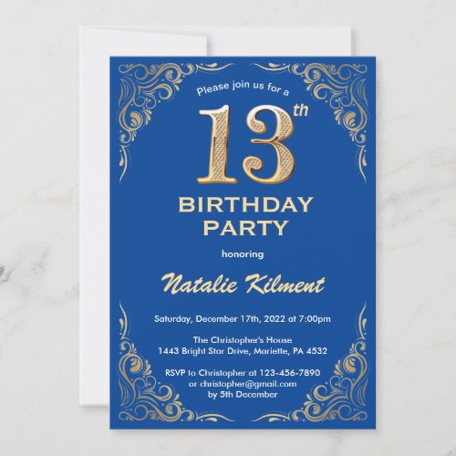 13th Birthday Blue and Gold Glitter Frame Invitation