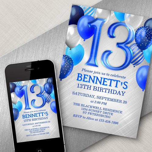 13th Birthday Blue Balloons Invitation