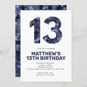 13TH Birthday, Blue Camo Personalized Teen Invitation