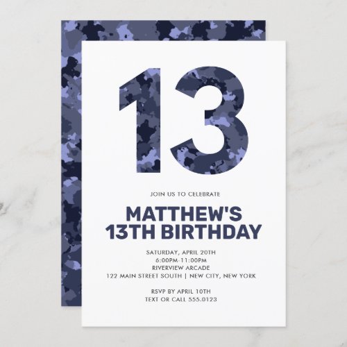 13TH Birthday Blue Camo Personalized Teen Invitation