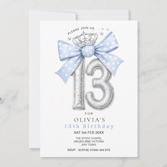 13th Birthday Blue Coquette bow Invitation (Front)