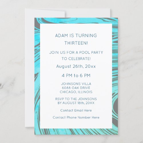 13th Birthday Blue Grey Abstract Artsy Custom Invitation