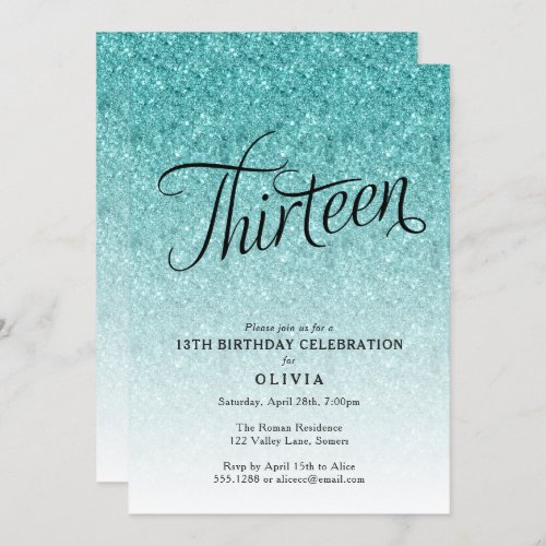 13th Birthday Blue Ombre Glitter Invitation
