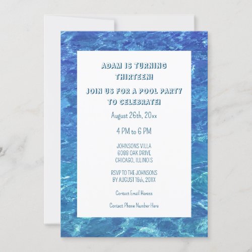 13th Birthday Blue Pool Party Water Custom Age Invitation