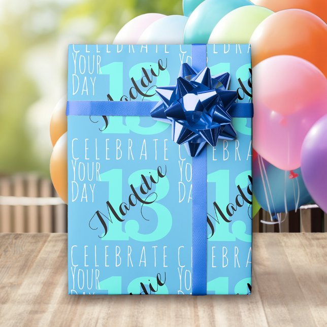 13th Birthday Blue Typography  Wrapping Paper (Creator Uploaded)