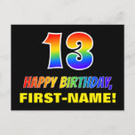 [ Thumbnail: 13th Birthday: Bold, Fun, Simple, Rainbow 13 Postcard ]