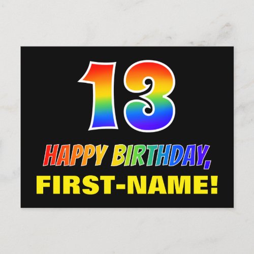 13th Birthday Bold Fun Simple Rainbow 13 Postcard