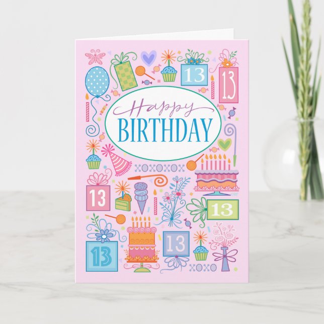 13th Birthday Bright Pastel Icons On Pink Card (Front)
