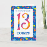 13th Birthday Card for Grandson, Stripes and Stars<br><div class="desc">A bright and colourful 13th Birthday Card for a Grandson,  with striped numbers and a starry border,  from a digital design by Judy Adamson. You can change the inside message if you wish.</div>