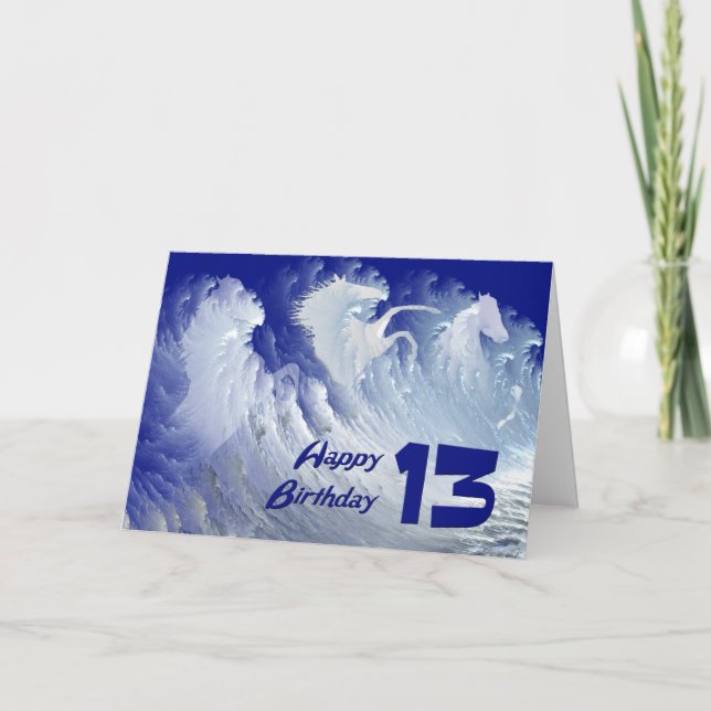 13th birthday card with wild white surf horses (Front)