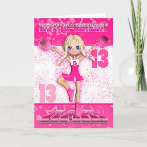 13th Birthday Cheerleader Dancing Stars In Pinks Card