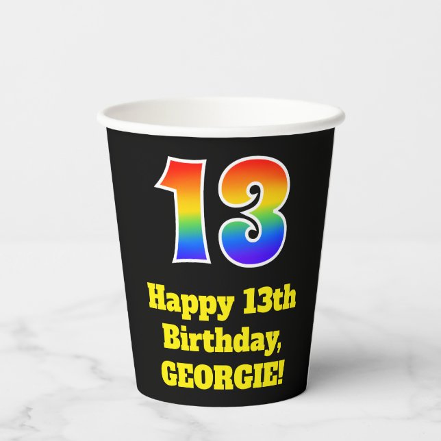 13th Birthday: Colorful, Fun, Exciting, Rainbow 13 Paper Cups (Back)