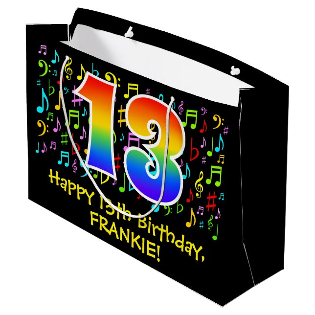 13th Birthday - Colorful Music Symbols, Rainbow 13 Large Gift Bag (Back Angled)