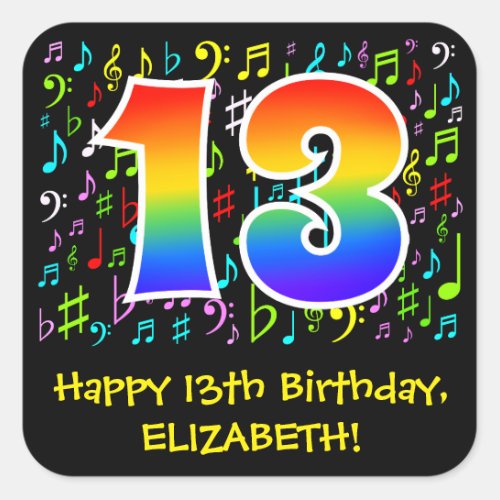 13th Birthday Colorful Music Symbols Rainbow 13 Square Sticker