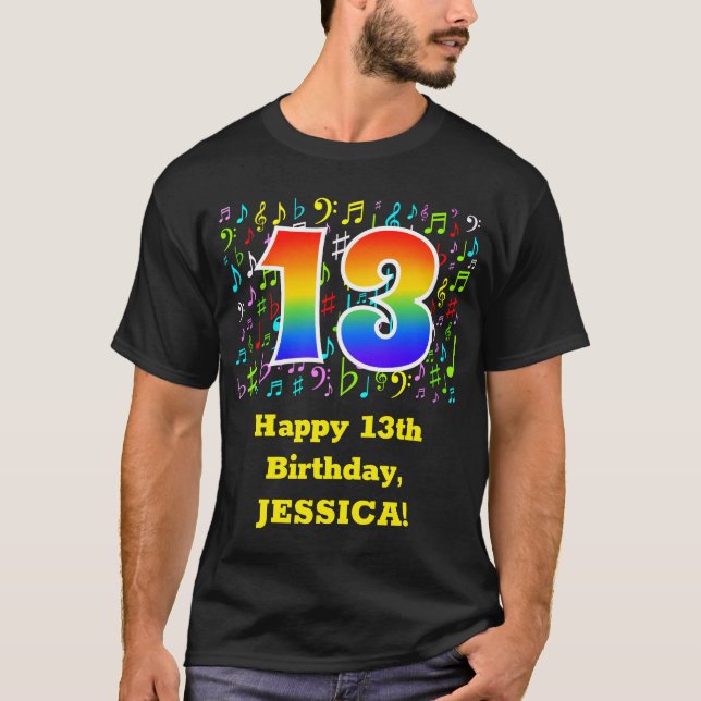 13th Birthday: Colorful Music Symbols, Rainbow 13 T-Shirt (Front)