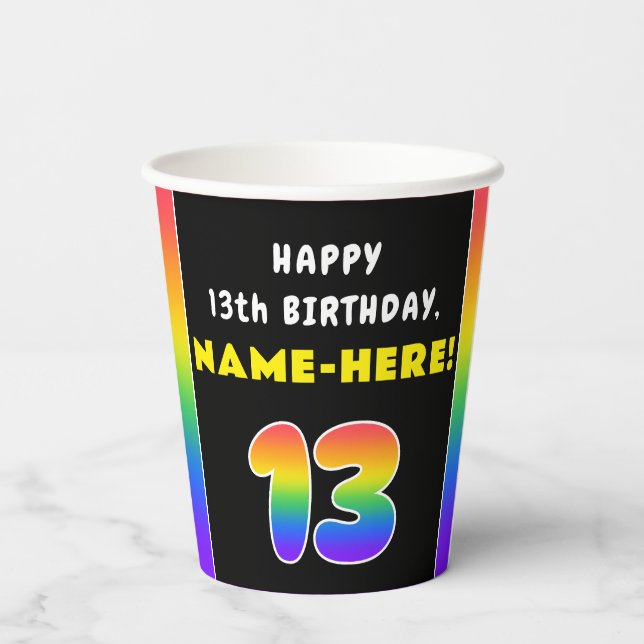 13th Birthday: Colorful Rainbow # 13, Custom Name Paper Cups (Back)