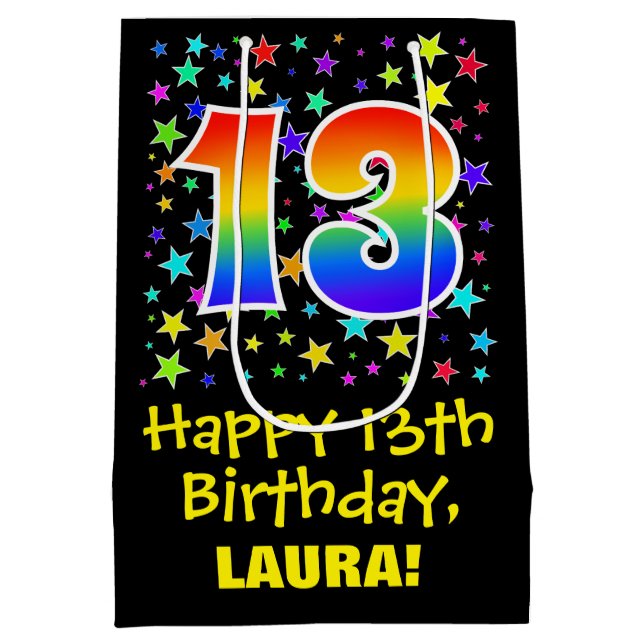 13th Birthday: Colorful Stars Pattern & Rainbow 13 Medium Gift Bag (Back)