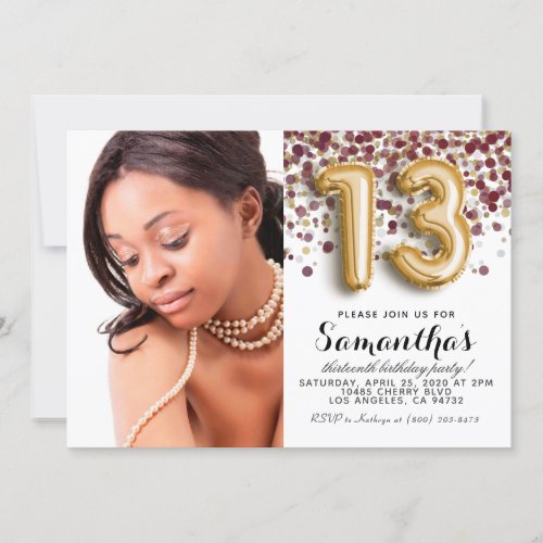 13th Birthday Confetti Gold Portrait Invitation