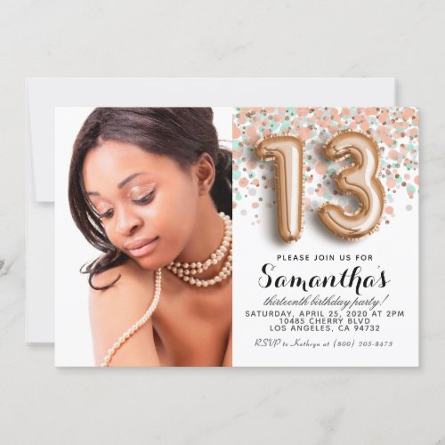 13th Birthday Confetti Rose Gold Portrait Invitation