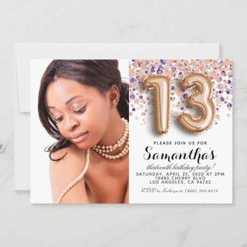 13th Birthday Confetti Rose Gold Portrait Invitation