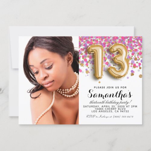 13th Birthday Confetti Rose Gold Portrait Invitation