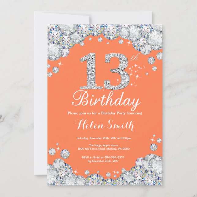 13th Birthday Coral and Silver Diamond Invitation (Front)