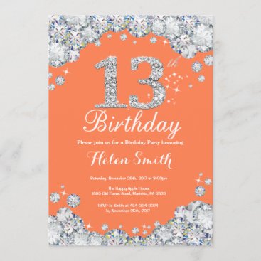 13th Birthday Coral and Silver Diamond Invitation