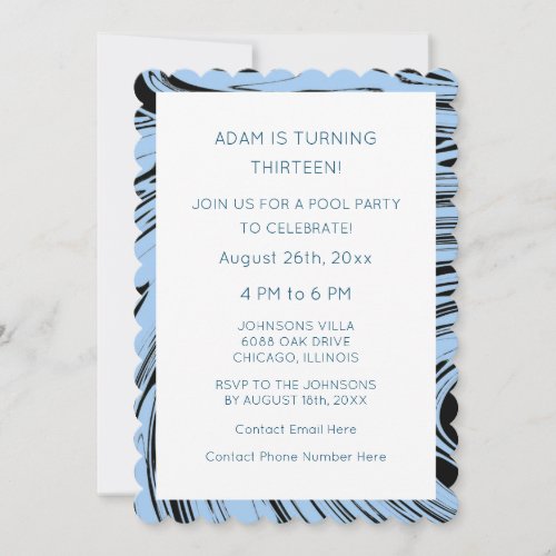 13th Birthday Custom Age Blue Black Wave Artsy Invitation