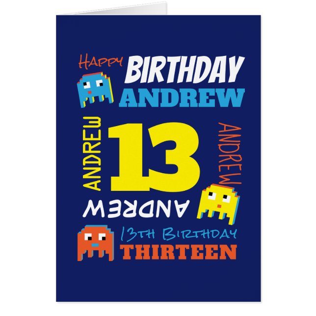 13th birthday custom name yellow blue pixel gamer cards (Front)