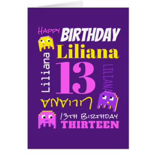 13th birthday custom name yellow pink pixel game cards