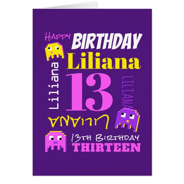 13th birthday custom name yellow pink pixel game cards (Front)