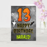 13th Birthday: Eerie Halloween Theme   Custom Name Card<br><div class="desc">The front of this scary and spooky Hallowe’en themed birthday greeting card design features a large number “13”. It also features the message “HAPPY BIRTHDAY, ”, plus a custom name. There are also depictions of a ghost and a bat on the front. The inside features a customizable birthday greeting message,...</div>